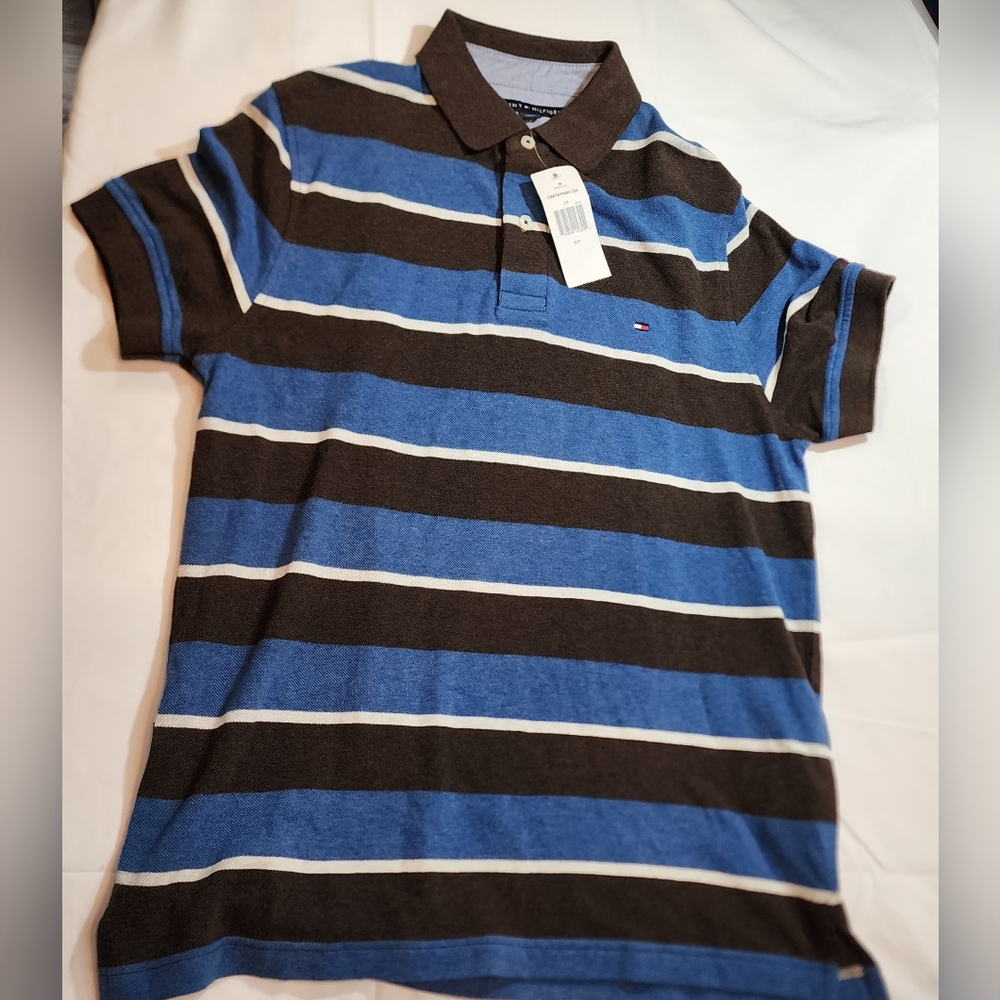 Tommy Hilfiger Blue and Brown Striped Polo Shirt NWT
